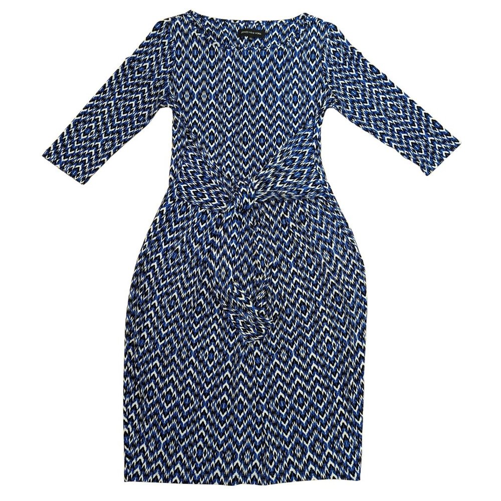 Jones New York Stretch Tie Waist Cobalt Blue Chevron Dress w/Boatneck Size 8
